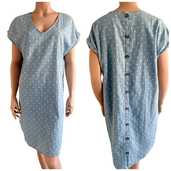 Old Navy Dresses & Skirts - Old Navy Blue Polka Dot Chambray Button Back Shift Dress Pockets Sz L
